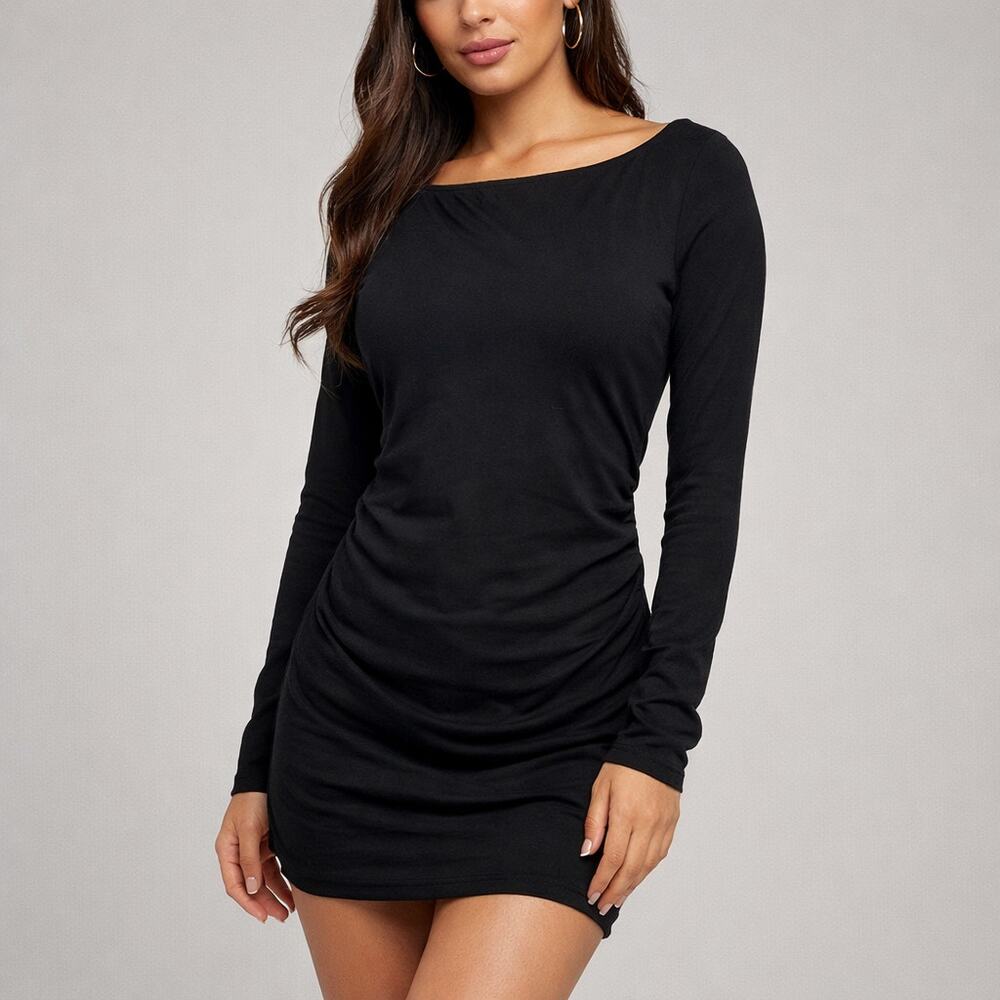 Reformation‎ Black Ruched Bodycon Dress Long Sleeve Boat Neck Women XL LBD Sexy